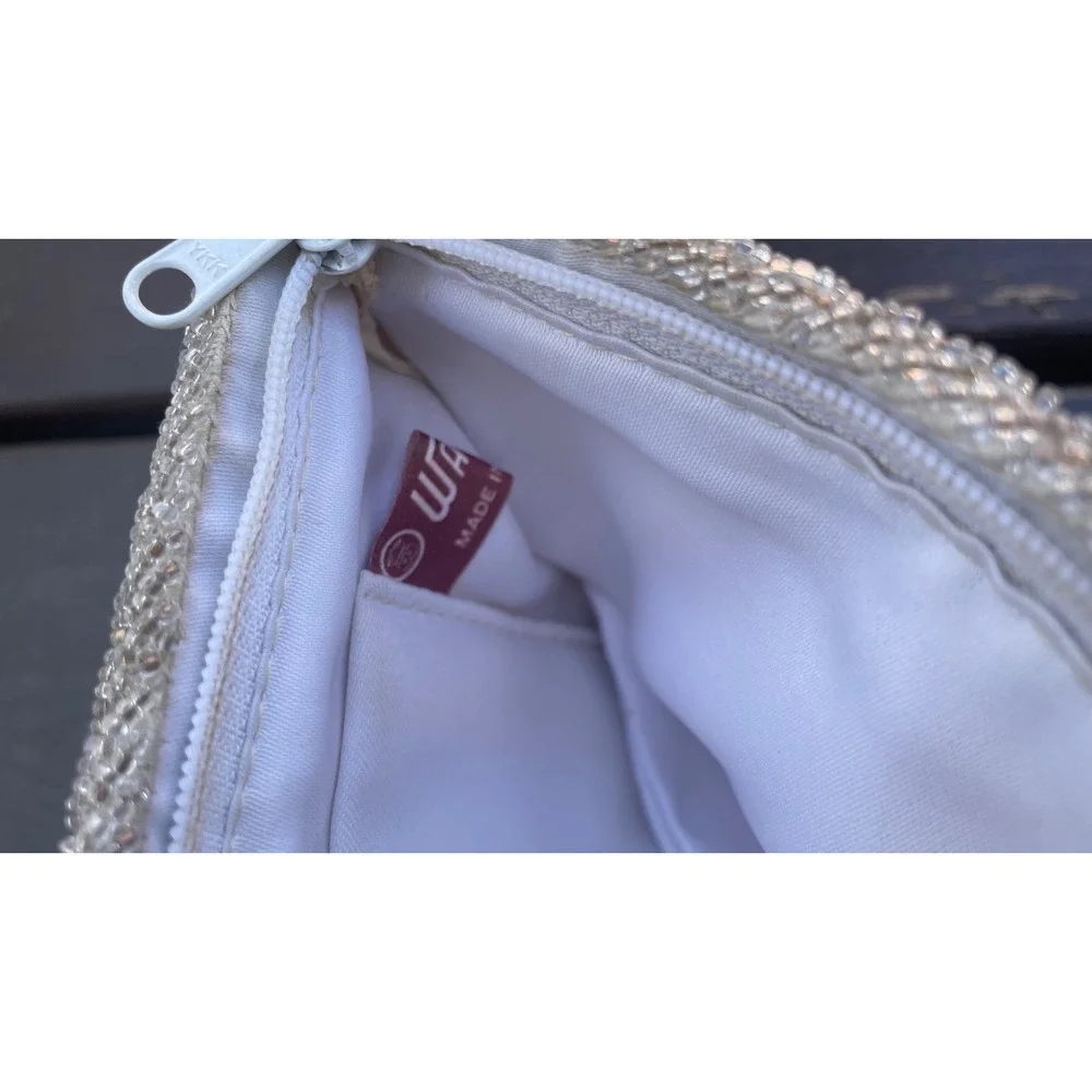 Vintage Walborg Beaded Clutch Bag Silver‎ White Iridescent Evening Zipper Pouch